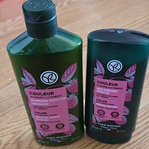 Yves Rocher Green Bottles with Pink Label Accents - Color Protecting Hair Care